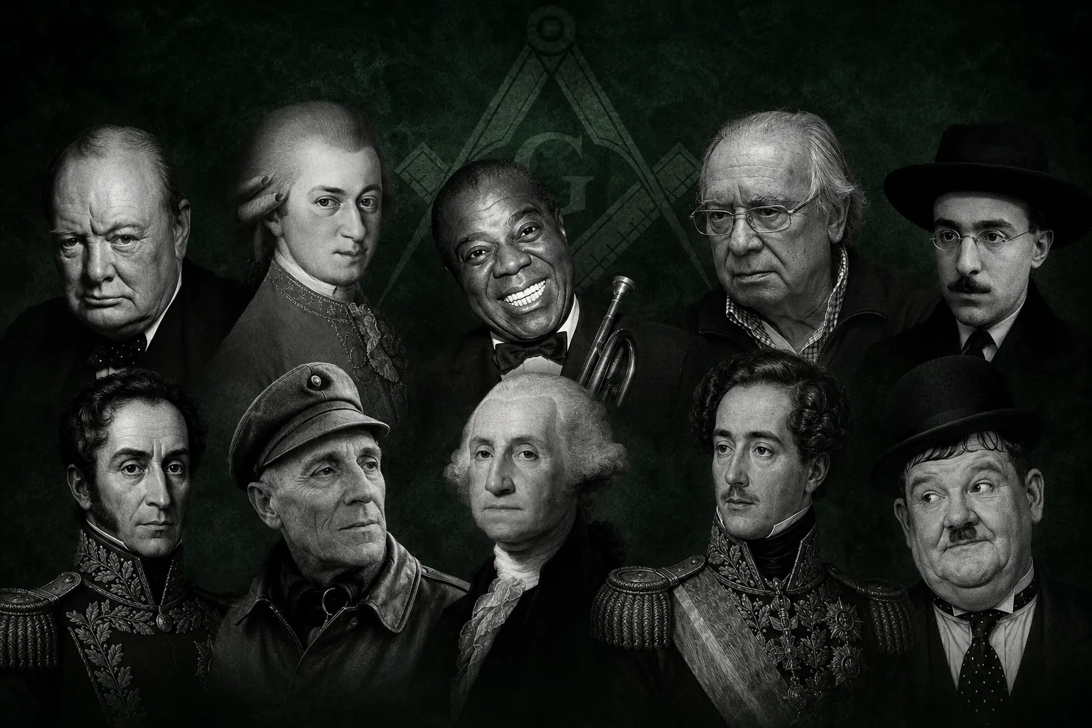 Retratos de maçons históricos — entre outros Winston Churchill, Mozart, Louis Armstrong, Simón Bolívar, George Washington e Fernando Pessoa — sobre o esquadro e o compasso.